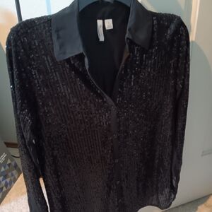 Black Sequin Button-Up Shirt